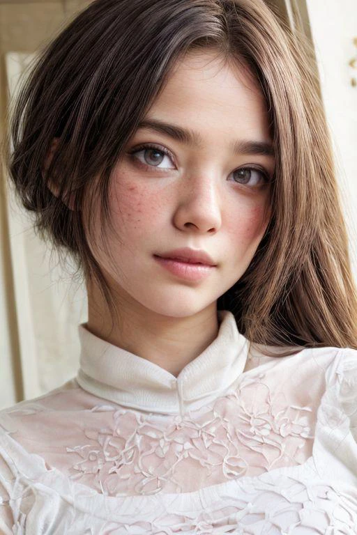 professional photography, outdoors, cowboy shot, (high detailed skin:1.2), 8k UHD, high quality, a lovely Italian girl, cute, petite, slender, with lovely black eyes and large eyelashes, blush, wearing (white translucent embroidered negligee), braless, hard erect nipples, big areola, dark areolas, swooping breasts, black hair tied in a long braid falling to her breasts, freckles, shy smile, tilted head, inviting smile, Fixhand, (olive groove background, golden hour, slanted sun rays shining on her hair), remarkable colors, ultra realistic, textured skin, remarkable detailed pupils, perfect symmetric eyes, realistic dull skin noise, visible skin detail, skin fuzz, dry skin, shallow depth of field, highly detailed, OverallDetail, gorgeous, eye catchlights, skin pores, imperfections, natural, dark mascara,eyeliner2