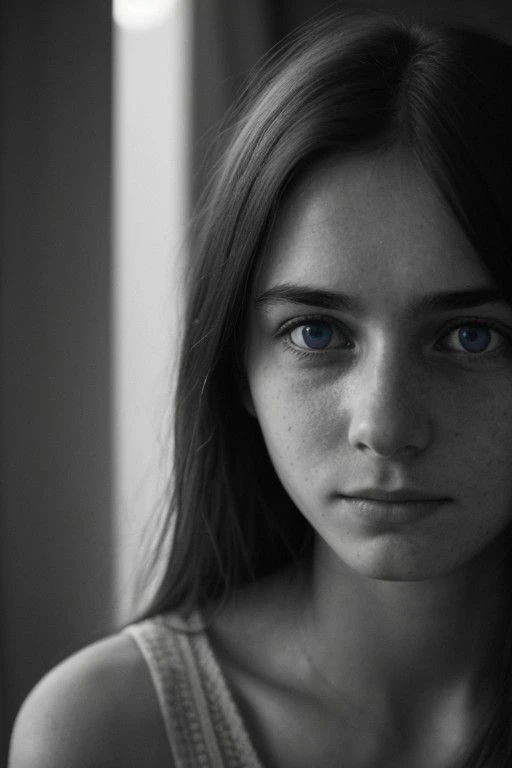 The most beautiful french girl in the World, color eyes, blue eyes, 24 years old, closeup, a cute shy smile, worried expression, bnw photo in the style of Alessio Albi, cinematic composition, cinematic lighting,