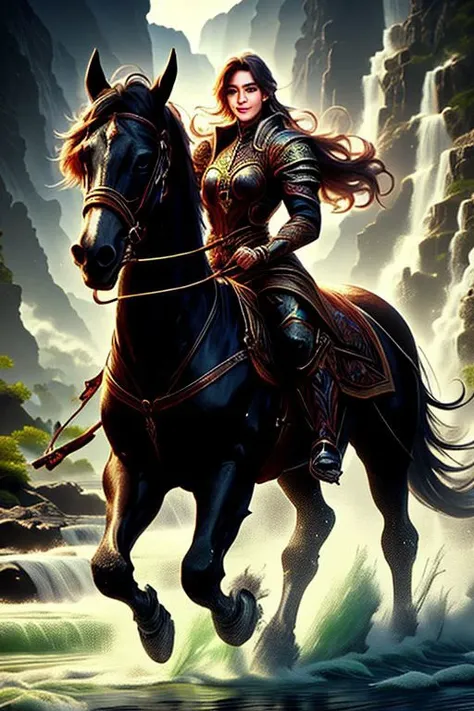 realistic woman, about 27 years old, medium height, clear eyes, green eyes, normal lips, boots with spurs, smiling, chestnut hair, medium sized breasts, hair lifted by a slight breeze, riding a horse, drinking water in a river, a race stallion, with pronounced muscles.