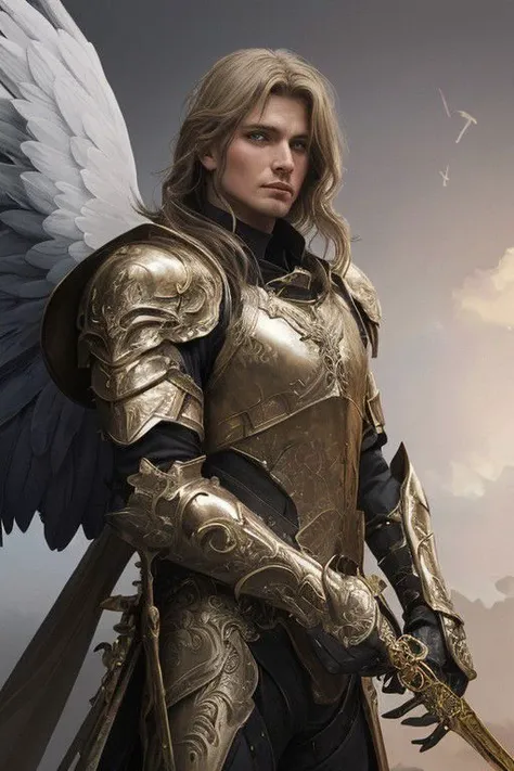 Angel of Death, realistic,futuristic background,wearing his armor,gold wings ,resting his hands on the sword, watching the world