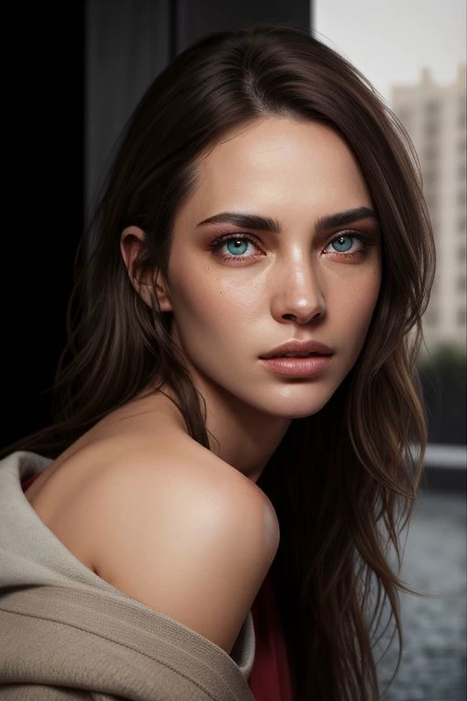 ((ultra realistic)), Photo, High quality, (ultra-detailed face and eyes: 1.2), portrait of a naked girl, wavy dark hair, Detailed eyebrows, (Eye makeup, mascara, eyeliner, long eyelashes), large detailed lips, cheekbones. Natural large breasts with realistic nipples. on a dark background. (Dark atmosphere, low lighting), ((rays)) ((strong background blur)) . (close-up, close to the camera), (ultra-detailed), ((cinematic)) 