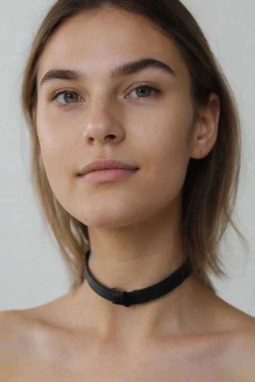 (8k:1.3, masterpiece, best quality, high quality, absurdres, ultra-detailed), headshot portrait, 1girl, solo, natural beauty, chiseled features, androgynous, detailed face, hyper realistic skin, (((characteristic face))), (((high cheekbones, narrow chin, hollow cheeks))), ((innocent, virgin)), (((extravagant leather choker))), ((adorable)), (19 years old), ((black hair)), kind eyes, ((bushy eye brows)), (((random moles))), ((eye reflections)), ((amazing eyes)), white teeth, ((characteristic mouth)), subtle make-up, blushed cheeks, ((full lips)), smokey eyes, ((thick eyebrows)), symmetric face, narrow face, big lips, (teeth gap), slightly squinted eyes, ((characteristic teeth)), soft smooth skin, (((closed mouth))), (((dimples))), pink lips,
blurred background depicting a bedroom,
(perfecteyes eyes), (subtle smile), easynegative, CyberRealistic_Negative