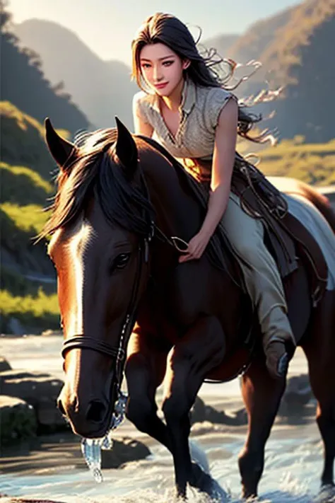 realistic woman, about 27 years old, medium height, clear eyes, green eyes, normal lips, boots with spurs, smiling, chestnut hair, medium sized breasts, hair lifted by a slight breeze, riding a horse, drinking water in a river, a race stallion, with pronounced muscles.