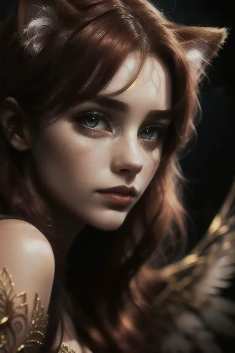A fluffy red Beautiful cat girl Olya with crystal wings on its back. The girl has red hair.  It stands on its hind legs.  the head and hands are clearly drawn. close-up of the face. An image from a different angle.
masterpiece, best quality, highly detailed, cinematic film, surreal lighting shadow, Anatomical photo, professional photo, clarity drawn body details, augmented reality, hyperrealistic, hyperdetalization,clarity, elegant, lots of details, professional design, very high resolution, contrast, augmented details of the environment and background, filigree, emotional, touching, clear drawing of the details of the environment, photographic clarity and depth of drawing