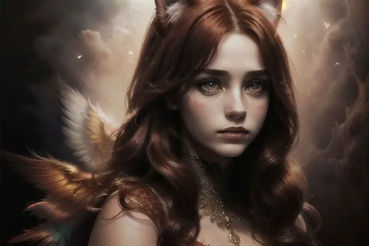 A fluffy red Beautiful cat girl Olya with crystal wings on its back. The girl has red hair.  the head and hands are clearly drawn. The girl is holding a wolf by the throat, which is trying to bite her. An image from a different angle.
masterpiece, best quality, highly detailed, cinematic film, surreal lighting shadow, Anatomical photo, professional photo, clarity drawn body details, augmented reality, hyperrealistic, hyperdetalization,clarity, elegant, lots of details, professional design, very high resolution, contrast, augmented details of the environment and background, filigree, emotional, touching, clear drawing of the details of the environment, photographic clarity and depth of drawing