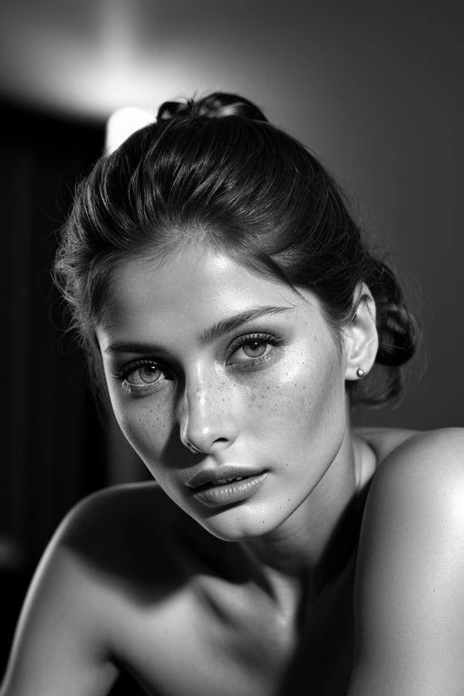 Realist Ultra High 48MP photo, closer face viewer, Laetitia Casta , 21yo , sex good morning in a pierre , lying under my camera. Body escape. Dark white short pigtails hair, hair upsweep updo, model erotic posing. Naughty bite lips. skinny body. Pink glossy nipples. Small breasts. Tinny tits. brown iris, perfecteyes eyes , Feline look. (Classic photo), ((very detailed eyes)) ((Groomed pubic hair )). Freckles in face and chest. Pleasure face. Precision drawn face.