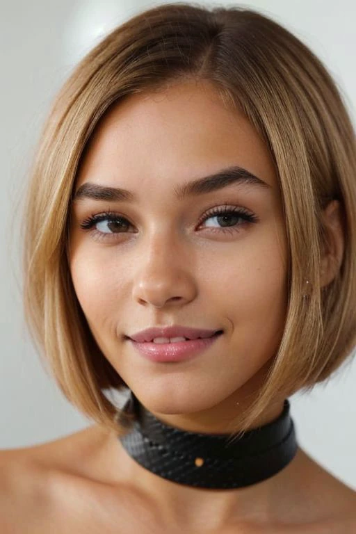 (8k:1.3, masterpiece, best quality, high quality, absurdres, ultra-detailed), headshot portrait, 1girl, solo, natural beauty, chiseled features, feminine, gorgeous, model, detailed face, hyper realistic skin, (((characteristic face))), (((high cheekbones, narrow chin, hollow cheeks))), ((innocent, virgin)), (((tight leather choker))), ((adorable)), (19 years old), ((blonde hair)), (((bob cut fringe hair))), ((thick eyebrows)), (((random moles))), ((eye reflections)), ((amazing eyes)), white teeth, ((characteristic mouth)), subtle make-up, blushed cheeks, ((full lips)), smokey eyes, ((thick eyebrows)), symmetric face, narrow face, big lips, big eyes, (teeth gap), ((characteristic teeth)), soft smooth skin, (((closed mouth))), (((dimples))), ((pink lips)), ((squinting eyes)),
blurred background depicting a bedroom,
(perfecteyes eyes), (subtle smile), easynegative, CyberRealistic_Negative