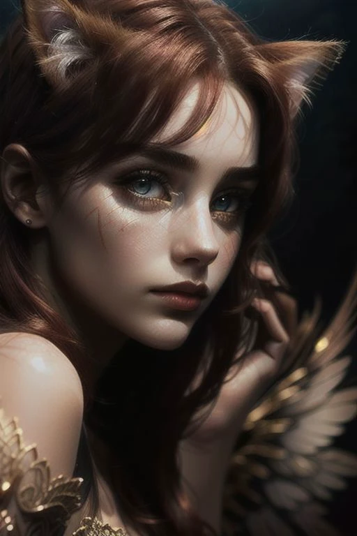 A fluffy red Beautiful cat girl Olya with crystal wings on its back. The girl has red hair. It stands on its hind legs. the head and hands are clearly drawn. close-up of the face. An image from a different angle.
masterpiece, best quality, highly detailed, cinematic film, surreal lighting shadow, Anatomical photo, professional photo, clarity drawn body details, augmented reality, hyperrealistic, hyperdetalization,clarity, elegant, lots of details, professional design, very high resolution, contrast, augmented details of the environment and background, filigree, emotional, touching, clear drawing of the details of the environment, photographic clarity and depth of drawing