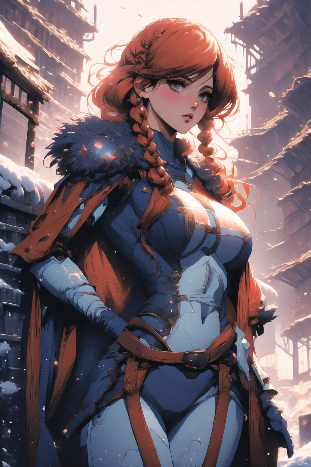 [erza scarlet  | samus aran],(sophisitcated lingerie:0.7),robe,red hair,cowboy shot,masterpiece,best quality,hires,high resolution,detailled,cg,bbw,shiny skin,wide hips,thick thighs,jewelry,(blush:0.9),eyeliner,eyeshadow,eyelashes,(medium breasts:1.1),(cinematic lighting, sunlight, volumetric),looking at viewer,vintage fantasy,1960s \(style\),film grain,<lora:hyperfusion_550k_128dim-LoCon_extracted-v7:0.55>,(skinny:1.1),(topheavy:1.2),<lora:coloured glaze-000018:0.55>,(coloured glaze:0.75),scenery,warm colors,<lora:AstrAnime_RETRO:0.9>,braids,<lora:fantasy_20230707233406-000012:0.75>,( photo_unp:0.8),(fur cape:1.1),closed mouth,<lora:locon_perfecteyes_v1_from_v1_64_32:0.55>,perfecteyes eyes,gloves,<lora:bursting_breasts:0.35>,bursting breasts,<lora:erza_v1:1>,dark souls,snow,(art by Coby Whitmore:1.3), (medieval:1.2),