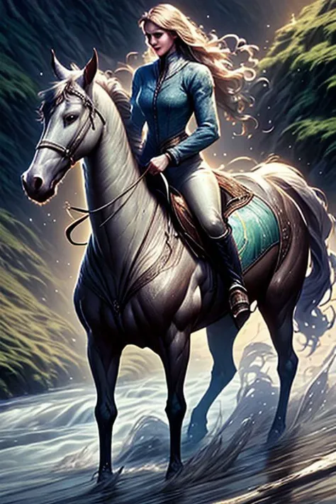 realistic woman, about 27 years old, medium height, clear eyes, green eyes, normal lips, boots with spurs, smiling, chestnut hair, medium sized breasts, hair lifted by a slight breeze, riding a horse, drinking water in a river, a race stallion, with pronounced muscles.