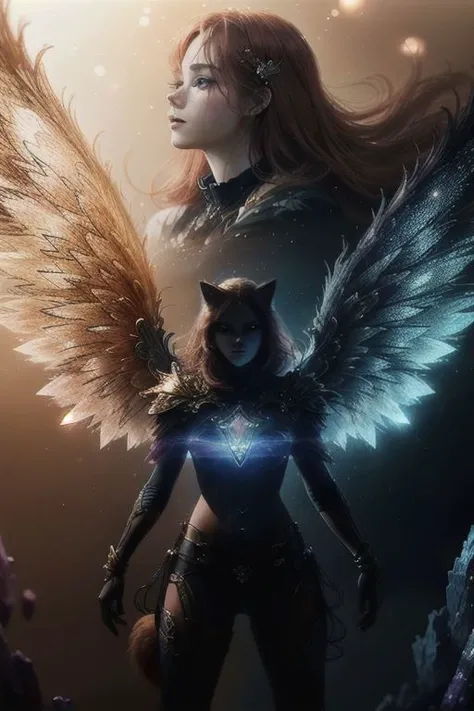 A fluffy red cat with crystal wings on its back. It stands on its hind legs.
masterpiece, best quality, highly detailed, cinematic film, surreal lighting shadow, Anatomical photo, professional photo, clarity drawn body details, augmented reality, hyperrealistic, hyperdetalization,clarity, elegant, lots of details, professional design, very high resolution, contrast, augmented details of the environment and background, filigree, emotional, touching, clear drawing of the details of the environment, photographic clarity and depth of drawing