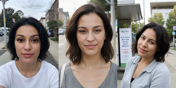 43-year-old True_Bond_jessica, black hair, short hair, brown eyes, lips, perfecteyes eyes, 
outside on sunny day waiting for bus, amused to see me, (laughing:.5)
Photorealism