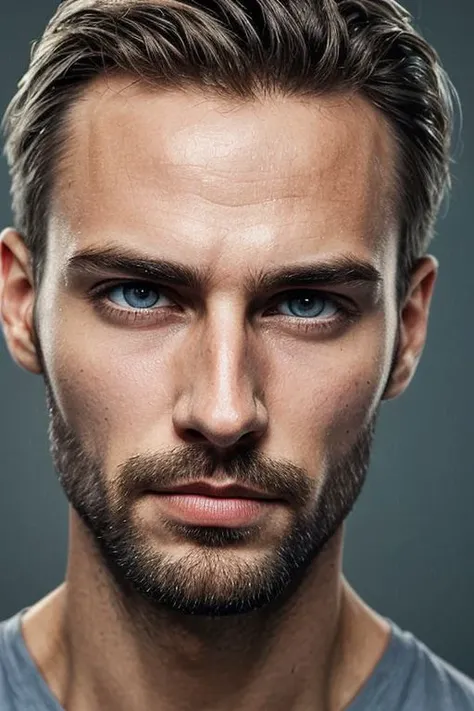 Muscular hunk male, 30 years old,  german, head tilted sidly forward, look towards viewer, grey-blue eyes,photo of perfecteyes eyes,  seductive glance, seductive smile, beard, blonde, (heary chest, strong chest), heavy rain, light from front,,  shot of upper body and face and arms