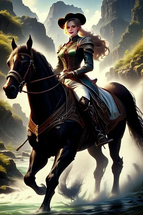 realistic woman, about 27 years old, medium height, clear eyes, green eyes, normal lips, boots with spurs, smiling, chestnut hair, medium sized breasts, hair lifted by a slight breeze, riding a horse, drinking water in a river, a race stallion, with pronounced muscles.