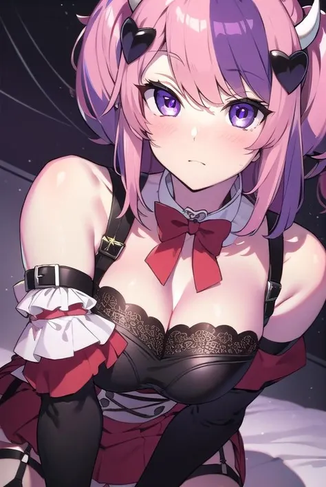 ironmouse, <lora:ironmouse-lora-nochekaiser:1>,
ironmouse, ahoge, medium hair, multicolored hair, pink hair, (purple eyes:1.1), purple hair, sidelocks, streaked hair, swept bangs, two side up, two-tone hair, hair ornament, heart, heart ahoge, heart hair ornament,
BREAK bare shoulders, bell, boots, bow, bowtie, buckle, chain, collarbone, cross-laced clothes, cross-laced skirt, cross-laced slit, demon girl, demon horns, demon tail, detached sleeves, garter straps, horns, kneehighs, neck bell, off shoulder, puffy detached sleeves, puffy sleeves, purple legwear, red bow, red bowtie, skirt, tail, thigh strap, thighhighs,
BREAK looking at viewer,
BREAK indoors,
BREAK <lyco:GoodHands-beta2:1>, (masterpiece:1.2), best quality, high resolution, unity 8k wallpaper, (illustration:0.8), (beautiful detailed eyes:1.6), extremely detailed face, perfect lighting, extremely detailed CG, (perfect hands, perfect anatomy),
