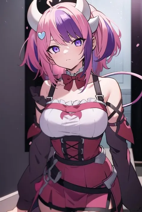 ironmouse, <lora:ironmouse-lora-nochekaiser:1>,
ironmouse, ahoge, medium hair, multicolored hair, pink hair, (purple eyes:1.1), purple hair, sidelocks, streaked hair, swept bangs, two side up, two-tone hair, hair ornament, heart, heart ahoge, heart hair ornament,
BREAK bare shoulders, bell, boots, bow, bowtie, buckle, chain, collarbone, cross-laced clothes, cross-laced skirt, cross-laced slit, demon girl, demon horns, demon tail, detached sleeves, garter straps, horns, kneehighs, neck bell, off shoulder, puffy detached sleeves, puffy sleeves, purple legwear, red bow, red bowtie, skirt, tail, thigh strap, thighhighs,
BREAK looking at viewer,
BREAK indoors,
BREAK <lyco:GoodHands-beta2:1>, (masterpiece:1.2), best quality, high resolution, unity 8k wallpaper, (illustration:0.8), (beautiful detailed eyes:1.6), extremely detailed face, perfect lighting, extremely detailed CG, (perfect hands, perfect anatomy),