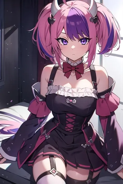 highest quality, super detailed,1 girl, alone, Cure Happy, pink hair, low twin tails, Black feather hair ornament, black skirt with ruffles, black tiara, wrist cuffs, purple shorts, shorts under skirt, boots, black enamel boots, evil smile, (shiny fabric:1.5), full body shot, purple gem, sitting, blush, devil&#39;s tail, (detailed and beautiful eyes:1.6), highly detailed face, perfect lighting, Very detailed CG, (perfect hands, perfect anatomy), devil&#39;s tail, red and black color scheme, shiny material, grin, black ribbon, black satin gloves, bat wing decoration, Black ruffles, jewelry, corruption, latex shine, black cloak, velvet curtains on background