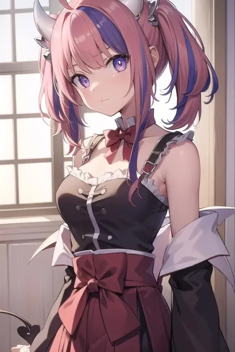 ironmouse, <lora:ironmousev2-lora-nochekaiser:1>,
ironmouse, ahoge, medium hair, multicolored hair, pink hair, (purple eyes:1.1), purple hair, sidelocks, streaked hair, swept bangs, two side up, two-tone hair, hair ornament, heart, heart ahoge, heart hair ornament,
BREAK bare shoulders, bell, boots, bow, bowtie, buckle, chain, collarbone, cross-laced clothes, cross-laced skirt, cross-laced slit, demon girl, demon horns, demon tail, detached sleeves, garter straps, horns, kneehighs, neck bell, off shoulder, puffy detached sleeves, puffy sleeves, purple legwear, red bow, red bowtie, skirt, tail, thigh strap, thighhighs,
BREAK looking at viewer,
BREAK indoors,
BREAK <lyco:GoodHands-beta2:1>, (masterpiece:1.2), best quality, high resolution, unity 8k wallpaper, (illustration:0.8), (beautiful detailed eyes:1.6), extremely detailed face, perfect lighting, extremely detailed CG, (perfect hands, perfect anatomy),