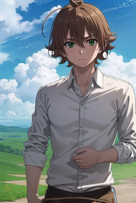 agktatsumi, <lora:agk tatsumi s1-lora-nochekaiser:1>,
tatsumi. brown hair, (green eyes:1.3), male focus, short hair, hair between eyes, ahoge,
BREAK shirt, white shirt, collared shirt, yellow sweater, long sleeves, pants, black pants, boots, brown boots,
BREAK outdoors, nature, forest, trees, grass, sky, clouds,
BREAK looking at viewer, (cowboy shot:1.5),
BREAK <lyco:GoodHands-beta2:1>, (masterpiece:1.2), best quality, high resolution, unity 8k wallpaper, (illustration:0.8), (beautiful detailed eyes:1.6), extremely detailed face, perfect lighting, extremely detailed CG, (perfect hands, perfect anatomy),