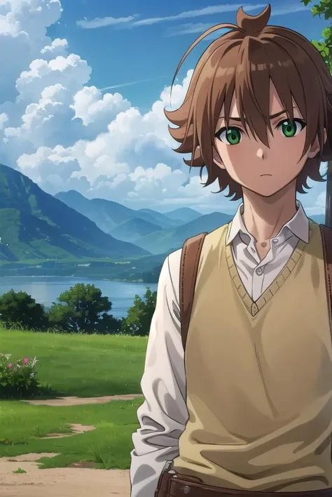 agktatsumi, <lora:agk tatsumi s1-lora-nochekaiser:1>,
tatsumi. brown hair, (green eyes:1.3), male focus, short hair, hair between eyes, ahoge,
BREAK  shirt, white shirt, collared shirt, yellow sweater, long sleeves, pants, black pants, boots, brown boots,
BREAK outdoors, nature, forest, trees, grass, sky, clouds,
BREAK looking at viewer, (cowboy shot:1.5),
BREAK <lyco:GoodHands-beta2:1>, (masterpiece:1.2), best quality, high resolution, unity 8k wallpaper, (illustration:0.8), (beautiful detailed eyes:1.6), extremely detailed face, perfect lighting, extremely detailed CG, (perfect hands, perfect anatomy),