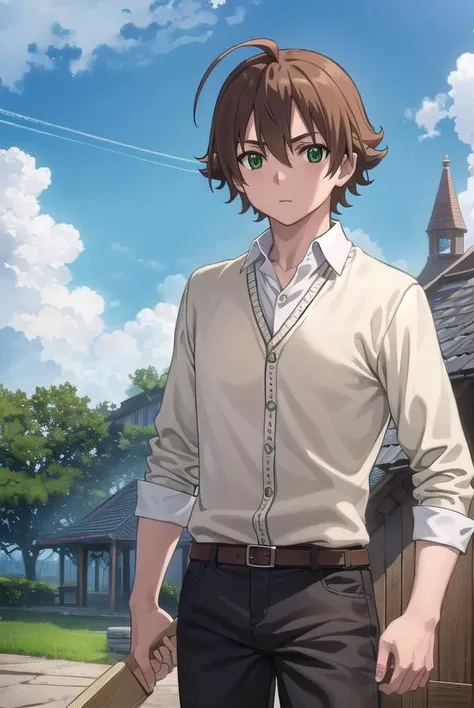 agktatsumi, <lora:agk tatsumi s1-lora-nochekaiser:1>,
tatsumi. brown hair, (green eyes:1.3), male focus, short hair, hair between eyes, ahoge,
BREAK shirt, white shirt, collared shirt, yellow sweater, long sleeves, pants, black pants, boots, brown boots,
BREAK outdoors, nature, forest, trees, grass, sky, clouds,
BREAK looking at viewer, (cowboy shot:1.5),
BREAK <lyco:GoodHands-beta2:1>, (masterpiece:1.2), best quality, high resolution, unity 8k wallpaper, (illustration:0.8), (beautiful detailed eyes:1.6), extremely detailed face, perfect lighting, extremely detailed CG, (perfect hands, perfect anatomy),