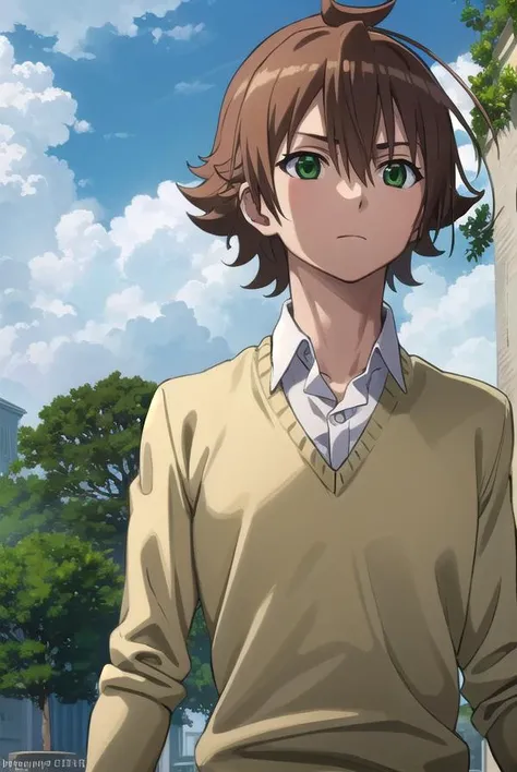 agktatsumi, <lora:agk tatsumi s1-lora-nochekaiser:1>,
tatsumi. brown hair, (green eyes:1.3), male focus, short hair, hair between eyes, ahoge,
BREAK shirt, white shirt, collared shirt, yellow sweater, long sleeves, pants, black pants, boots, brown boots,
BREAK outdoors, nature, forest, trees, grass, sky, clouds,
BREAK looking at viewer, (cowboy shot:1.5),
BREAK <lyco:GoodHands-beta2:1>, (masterpiece:1.2), best quality, high resolution, unity 8k wallpaper, (illustration:0.8), (beautiful detailed eyes:1.6), extremely detailed face, perfect lighting, extremely detailed CG, (perfect hands, perfect anatomy),