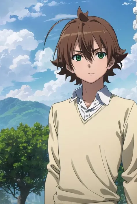 agktatsumi, <lora:agk tatsumi s1-lora-nochekaiser:1>,
tatsumi. brown hair, (green eyes:1.3), male focus, short hair, hair between eyes, ahoge,
BREAK shirt, white shirt, collared shirt, yellow sweater, long sleeves, pants, black pants, boots, brown boots,
BREAK outdoors, nature, forest, trees, grass, sky, clouds,
BREAK looking at viewer, (cowboy shot:1.5),
BREAK <lyco:GoodHands-beta2:1>, (masterpiece:1.2), best quality, high resolution, unity 8k wallpaper, (illustration:0.8), (beautiful detailed eyes:1.6), extremely detailed face, perfect lighting, extremely detailed CG, (perfect hands, perfect anatomy),