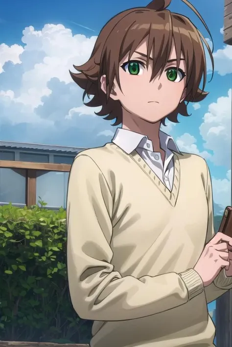 agktatsumi, <lora:agk tatsumi s1-lora-nochekaiser:1>,
tatsumi. brown hair, (green eyes:1.3), male focus, short hair, hair between eyes, ahoge,
BREAK shirt, white shirt, collared shirt, yellow sweater, long sleeves, pants, black pants, boots, brown boots,
BREAK outdoors, nature, forest, trees, grass, sky, clouds,
BREAK looking at viewer, (cowboy shot:1.5),
BREAK <lyco:GoodHands-beta2:1>, (masterpiece:1.2), best quality, high resolution, unity 8k wallpaper, (illustration:0.8), (beautiful detailed eyes:1.6), extremely detailed face, perfect lighting, extremely detailed CG, (perfect hands, perfect anatomy),