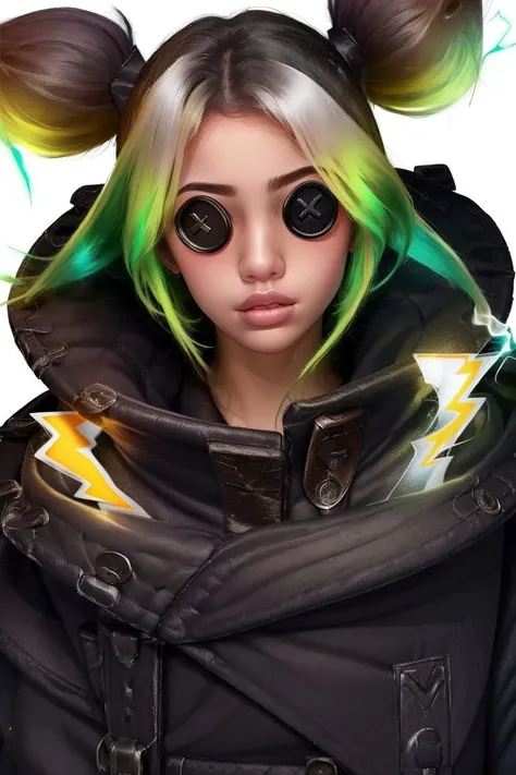 from below, close up, girl, solo, twintails,electricity, white background, <lora:Zeri:1> black eyescrl, <lora:ButtonEyes_V1:1>