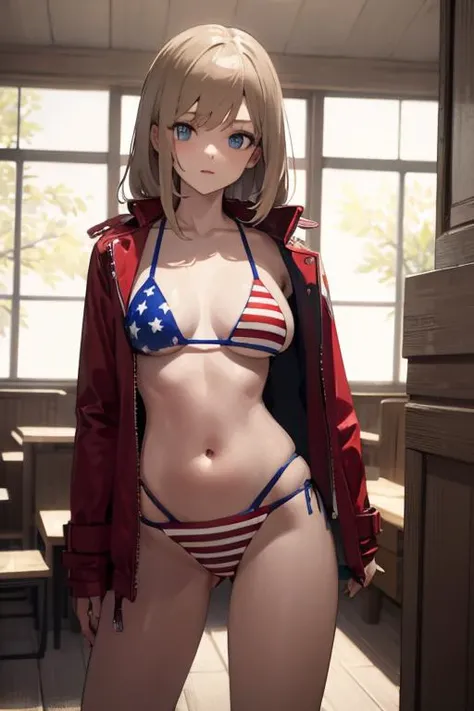 masterpiece,high quality,highres,1girl,solo,<lora:USA-bikini-only-v1-wasabiya:1>,usabikini,jacket,large breasts, bikini