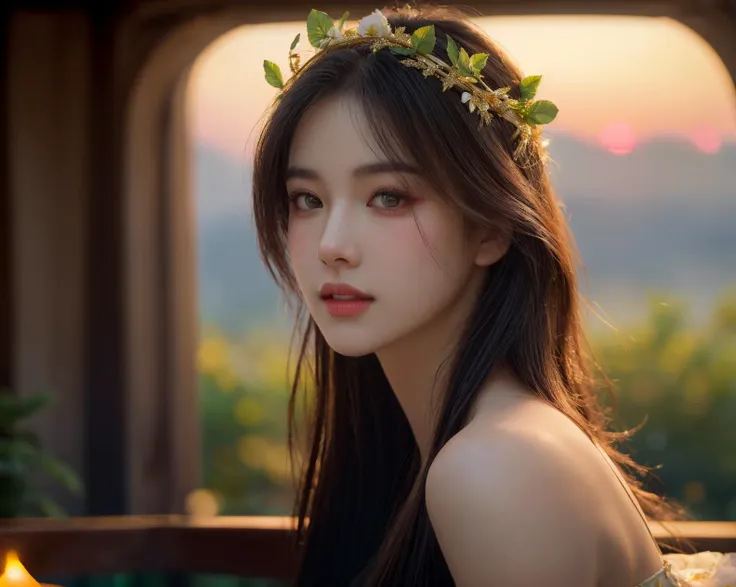 A three-quarter view portrait of a beautiful girl, wearing a floral crown on her head. Her eyes are deep green, reflecting a sense of tranquility and allure, In the background, a radiant sunset paints the sky with vibrant hues of orange, pink, and gold, casting a warm glow around the portrait, ultra high resolution, ((masterpiece))), (((best quality))), ((super detailed)), ((extremely delicate and beautiful)),cinematic light, detailed environment(real), motion blur, depth of field , (smiling:0.8), (The portrait is bathed in earthy tones, creating a warm and cozy atmosphere) 
The light softly illuminates her face, casting gentle shadows that highlight her features and add depth to the picture, 
  <lora:Moredetail:0.6>    <lora:Maeylin:0.8>, (masterpiece,best quality:1.5)