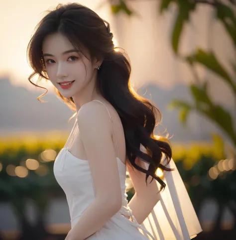 A mature woman stands in a thin-strapped muiticolored dress (tight-fitting), illuminated by a gentle backlighting effect. Her silhouette is outlined softly, creating a dreamy and elegant atmosphere, (out door), (solo), (half body), jewelry, Wavy curls hair style,look at viewer, beautiful, masterpiece, high quality, very detail face, (big breast:0.6), Smiling <lora:Maeylin:0.8> ultra high resolution,cinematic light, detailed environment(real), motion blur, depth of field, ((perfect body)),, (masterpiece,best quality:1.5)