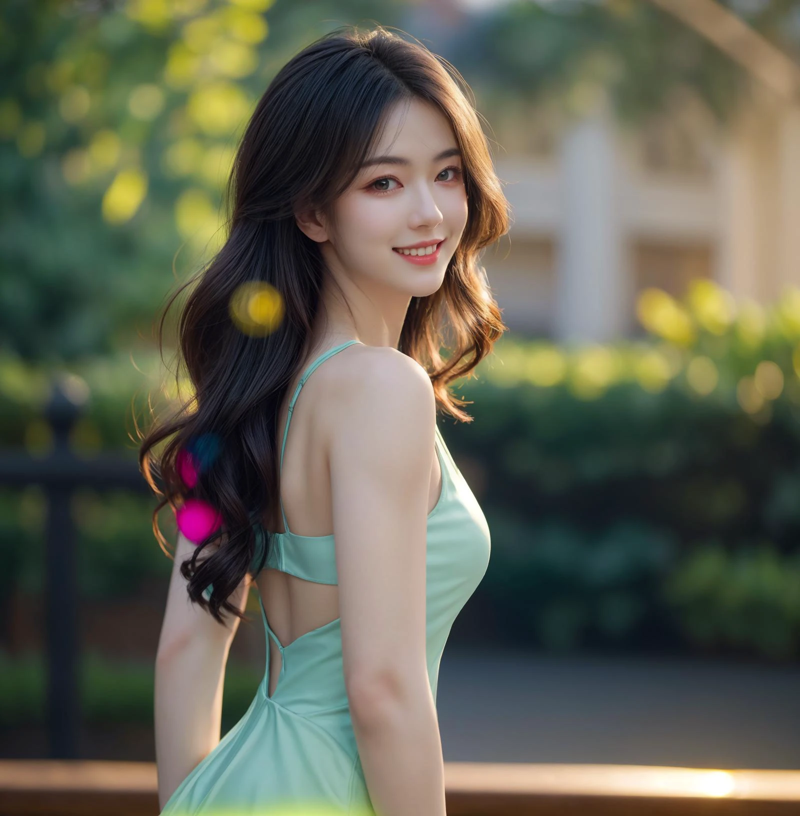 A mature woman stands in a thin-strapped multicolored dress (tight-fitting), illuminated by a gentle backlighting effect. Her silhouette is outlined softly, creating a dreamy and elegant atmosphere, (out door), (solo), (half body), jewelry, Wavy curls hair style,look at viewer, beautiful, masterpiece, high quality, very detail face, (big breast:0.6), Smiling <lora:Maeylin:0.8> ultra high resolution,cinematic light, detailed environment(real), motion blur, depth of field, ((perfect body)),  <lora:Moredetail:0.6>, (masterpiece,best quality:1.5)