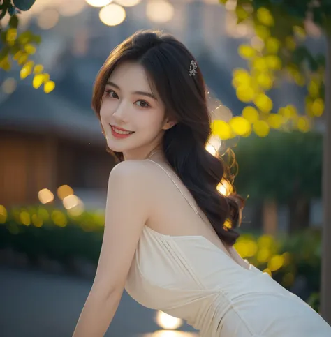 A mature woman stands in a thin-strapped muiticolored dress (tight-fitting), illuminated by a gentle backlighting effect. Her silhouette is outlined softly, creating a dreamy and elegant atmosphere, (out door), (solo), (half body), jewelry, Wavy curls hair style,look at viewer, beautiful, masterpiece, high quality, very detail face, (big breast:0.6), Smiling <lora:Maeylin:0.8> ultra high resolution,cinematic light, detailed environment(real), motion blur, depth of field, ((perfect body)),, (masterpiece,best quality:1.5)