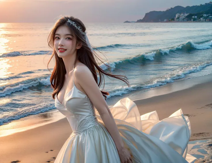 ((A girl stands by the seaside:1)), ((wearing wonderful wedding dress)), (smiling), ultra high resolution, (floating hair:0.4), ((masterpiece))), (((best quality))), ((super detailed)), ((extremely delicate and beautiful)),cinematic light, detailed environment(real), motion blur, depth of field, (medium breast:1.2), lighting effect, (charming), ((extremely beautiful and detail face))
 <lora:Moredetail:0.8>  <lora:Maeylin:0.8>, (masterpiece,best quality:1.5)