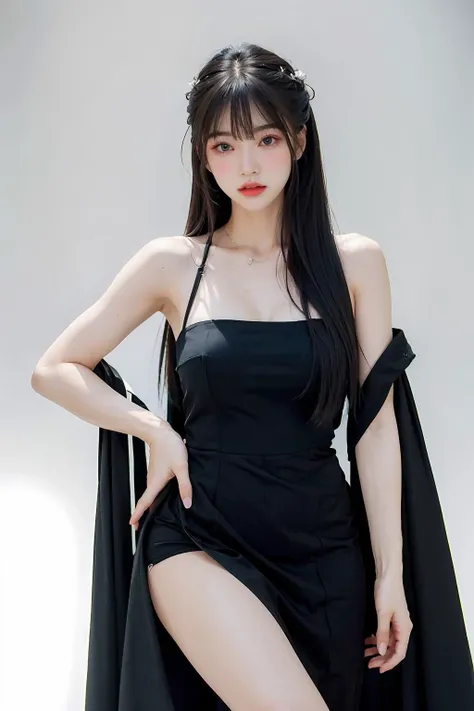 1girl,hair with bangs,black long dress, ,white background, <lora:Maeylin-06:1>