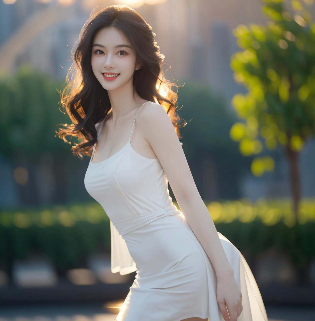 A mature woman stands in a thin-strapped muiticolored dress (tight-fitting), illuminated by a gentle backlighting effect. Her silhouette is outlined softly, creating a dreamy and elegant atmosphere, (out door), (solo), (half body), jewelry, Wavy curls hair style,look at viewer, beautiful, masterpiece, high quality, very detail face, (big breast:0.6), Smiling <lora:Maeylin:0.8> ultra high resolution,cinematic light, detailed environment(real), motion blur, depth of field, ((perfect body)),, (masterpiece,best quality:1.5)