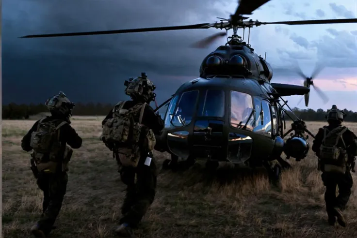 <lora:soldier_xl_2:1> a photo of a soldiers , facing camera, getting out of an helicopter, open field, dusk, wind, stormy wear, black uniforms, night vision head gear