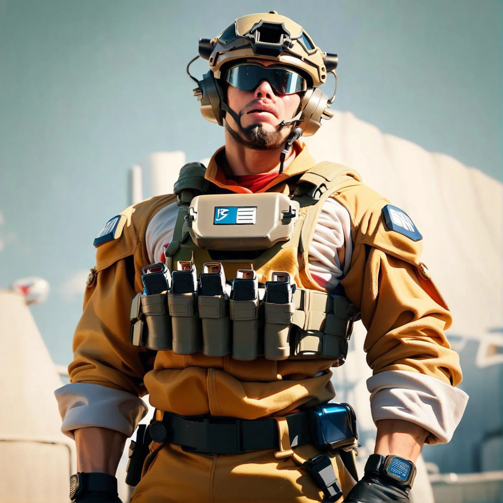 score_9, score_8_up, score_7_up, retro tech realistic image, soldier man, male, facial hair, helmet,standing, tech uniform, ally, war zone<lora:soldier_pxl_2-000017:.8> <lora:retro_XL_2:.5>