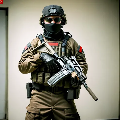 <lora:soldier_xl_2:1> a photo of a soldier, helmet, sunglasses, black cloth mask, wearing full gear, holding a ak47, standing gaurd