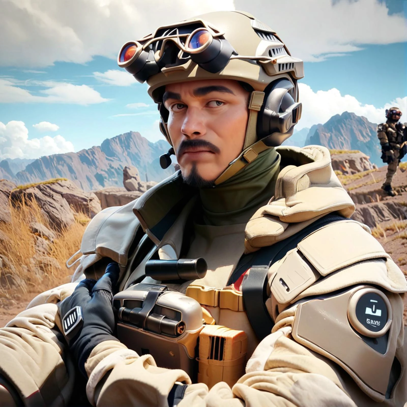 score_9, score_8_up, score_7_up, retro tech realistic image, soldier man, male, facial hair, helmet,standing, tech uniform, ally, war zone<lora:soldier_pxl_2-000017:.8> <lora:retro_XL_2:.5>