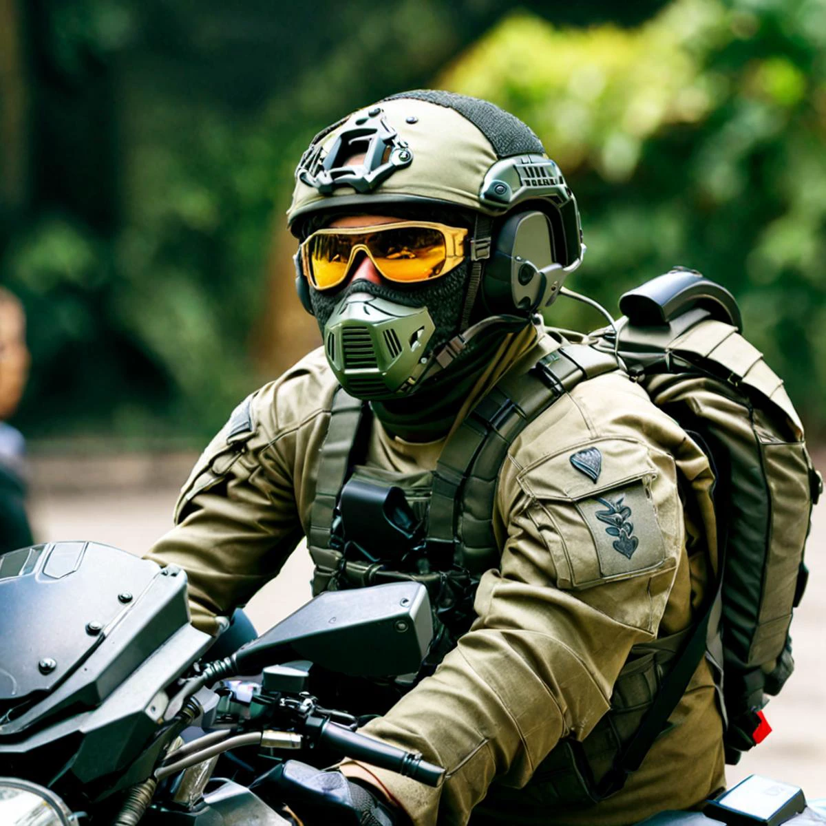 <lora:soldier_xl_2:1> a photo of a soldier, wearing masks, helmets, sunglasses, full gear on a motorbike