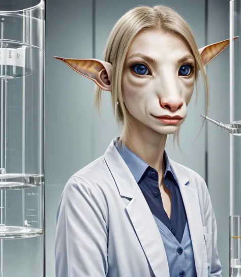 <lora:ZoantrMax1:0.6> a young zoantr, (looking forward), long face, laboratory, chemistry, white coat, science, (close up), chest-high