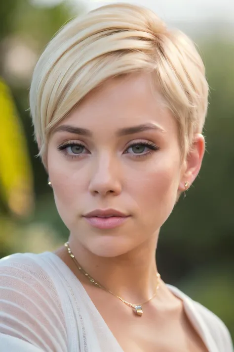 photoshoot of jennalyn1, (blonde hair), (pixie cut), , detailed skin texture, (blush:0.2), (goosebumps:0.3), (one sleeve shirt), subsurface scattering, Photorealistic, Hyperrealistic, Hyperdetailed, analog style, hip cocked, demure, detailed skin, matte skin, soft lighting, subsurface scattering, realistic, heavy shadow, masterpiece, best quality, ultra realistic, 8k, golden ratio, Intricate, High Detail, film photography, soft focus jennalyn1