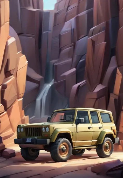 CartoonDigitalStyle, masterpiece, a 4X4 car in grand canyon, epic light, dynamic shadow