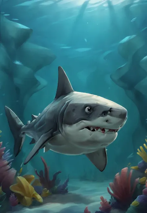 CartoonDigitalStyle, a shark, underwater, godray, no humans