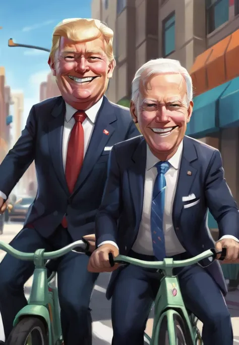 CartoonDigitalStyle, 2boys, close-up of donald trump with Joe Biden in suit, laughing on a tandem bycicle, in a city street