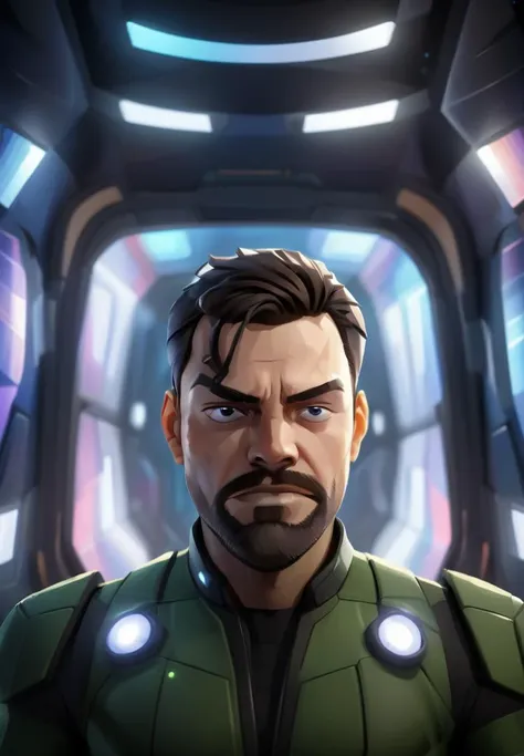 CartoonDigitalStyle, si-fi, close-up of a angry man in combat clothes, facial hair, in a intricated spaceship, glowing screens and leds at background, ultradetailed, sharp focus, bokeh, epic light, volumetric light