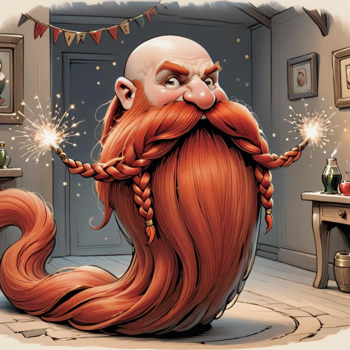 illustrated cartoon style, <lora:Harry_Dwarf_1.5:1> Harry_Dwarf, dwarf-like, Braided moustache, long red beard, bald, celebrating New Years, sparklers, cheerful, party interior, champagne glasses, holding things with moustache, Sign that says "HAPPY NEW YEARS"