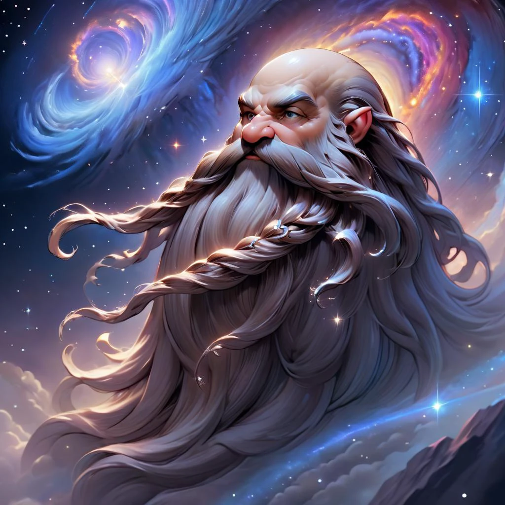 (Harry_Dwarf, celestial guardian, flowing long beard of starlight strands, bald,), astral realm, galaxies swirling in the background, cosmic storms with radiant colors, floating islands of crystalline formations, Harry_Dwarf atop a celestial peak, constellations aligning in a protective formation, ethereal energy emanating from the sword, majestic cosmic beings observing, breathtaking cosmic vista, detailed cosmic elements, 4K resolution, <lora:Harry_Dwarf_1.5:1>